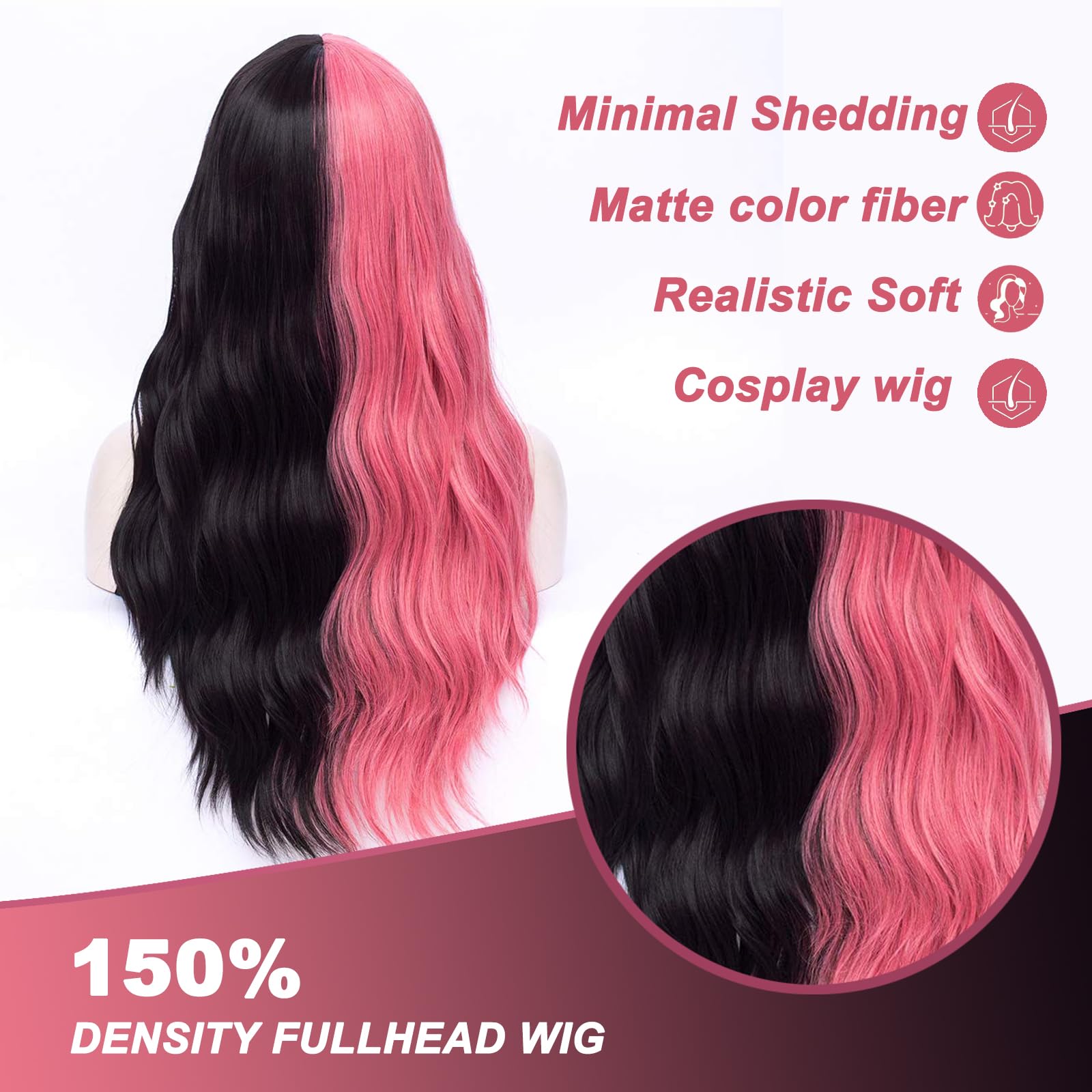 Amazon.com : MORTICIA Long Loose Wavy Half Pink and Half Black
